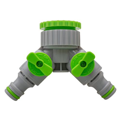 2-Way Tap Connector With Valves 1in or 3/4in BSP Female, Green Gray Tap Adapter
