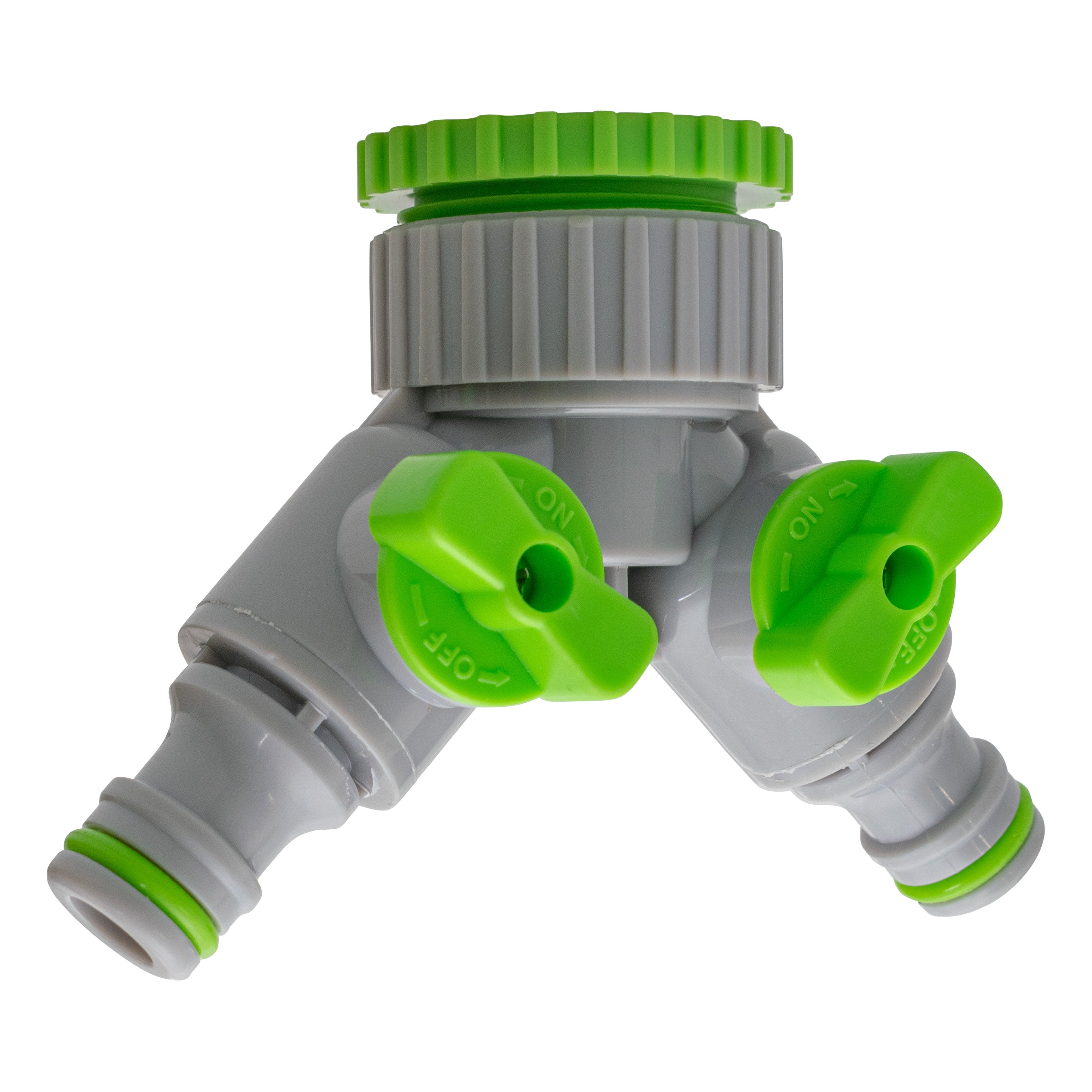 2-Way Tap Connector With Valves 1in or 3/4in BSP Female, Green Gray Tap Adapter