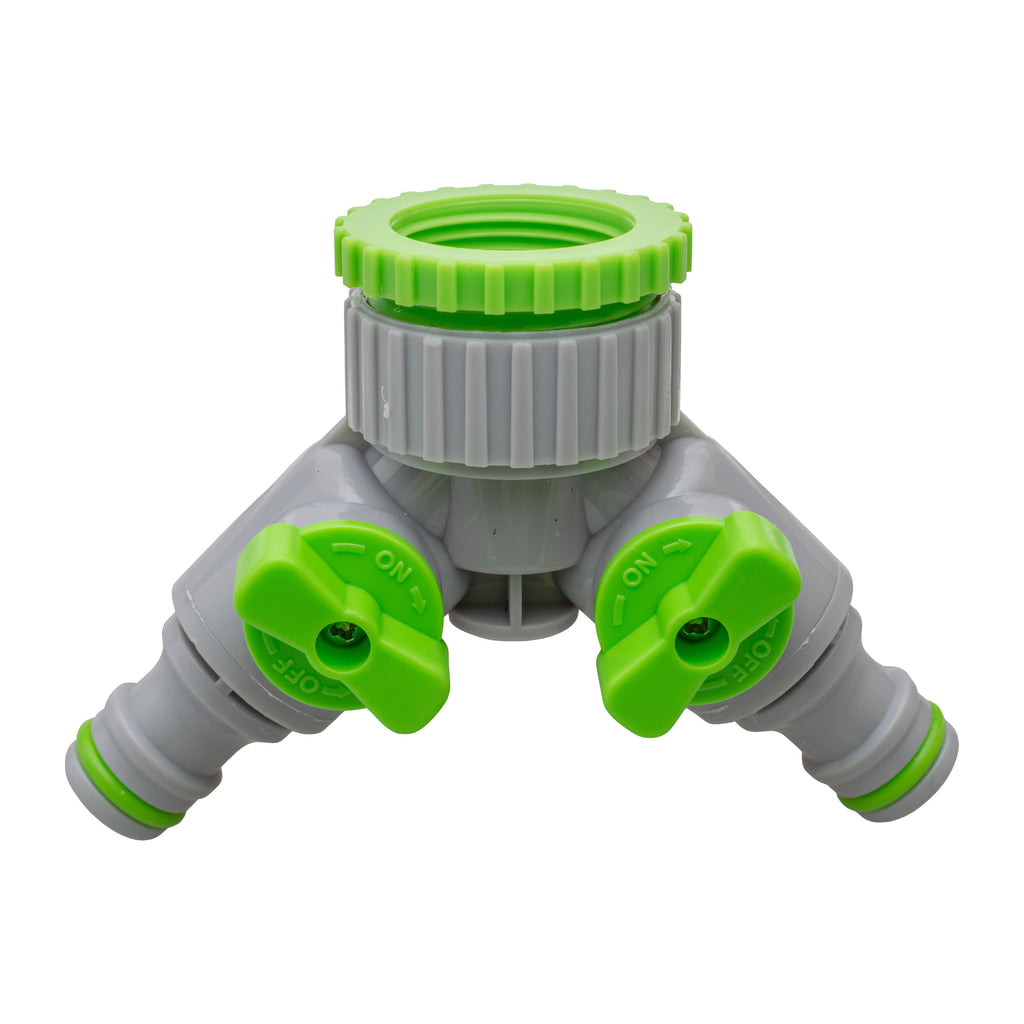 2-Way Tap Connector With Valves 1in or 3/4in BSP Female, Green Gray Tap Adapter