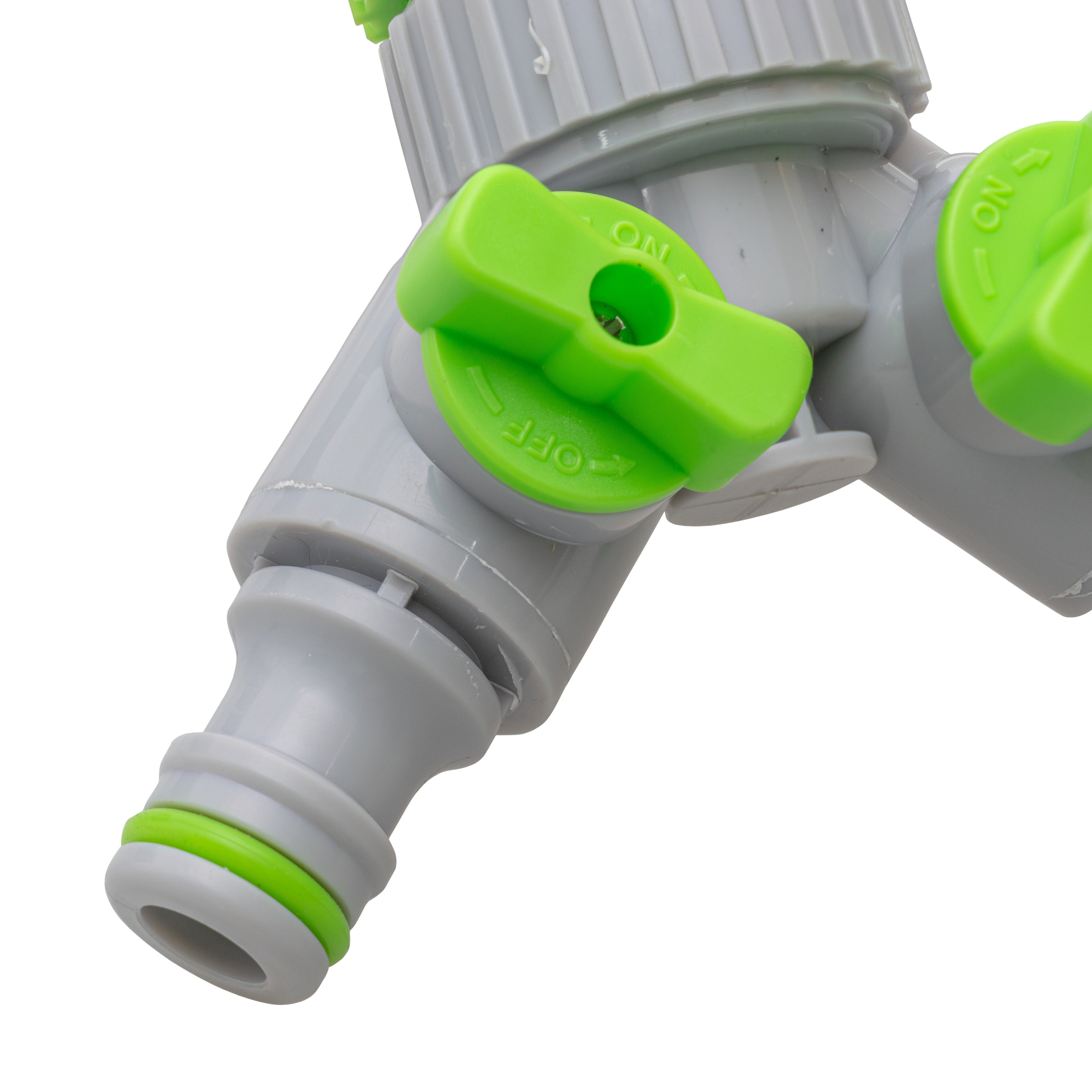2-Way Tap Connector With Valves 1in or 3/4in BSP Female, Green Gray Tap Adapter